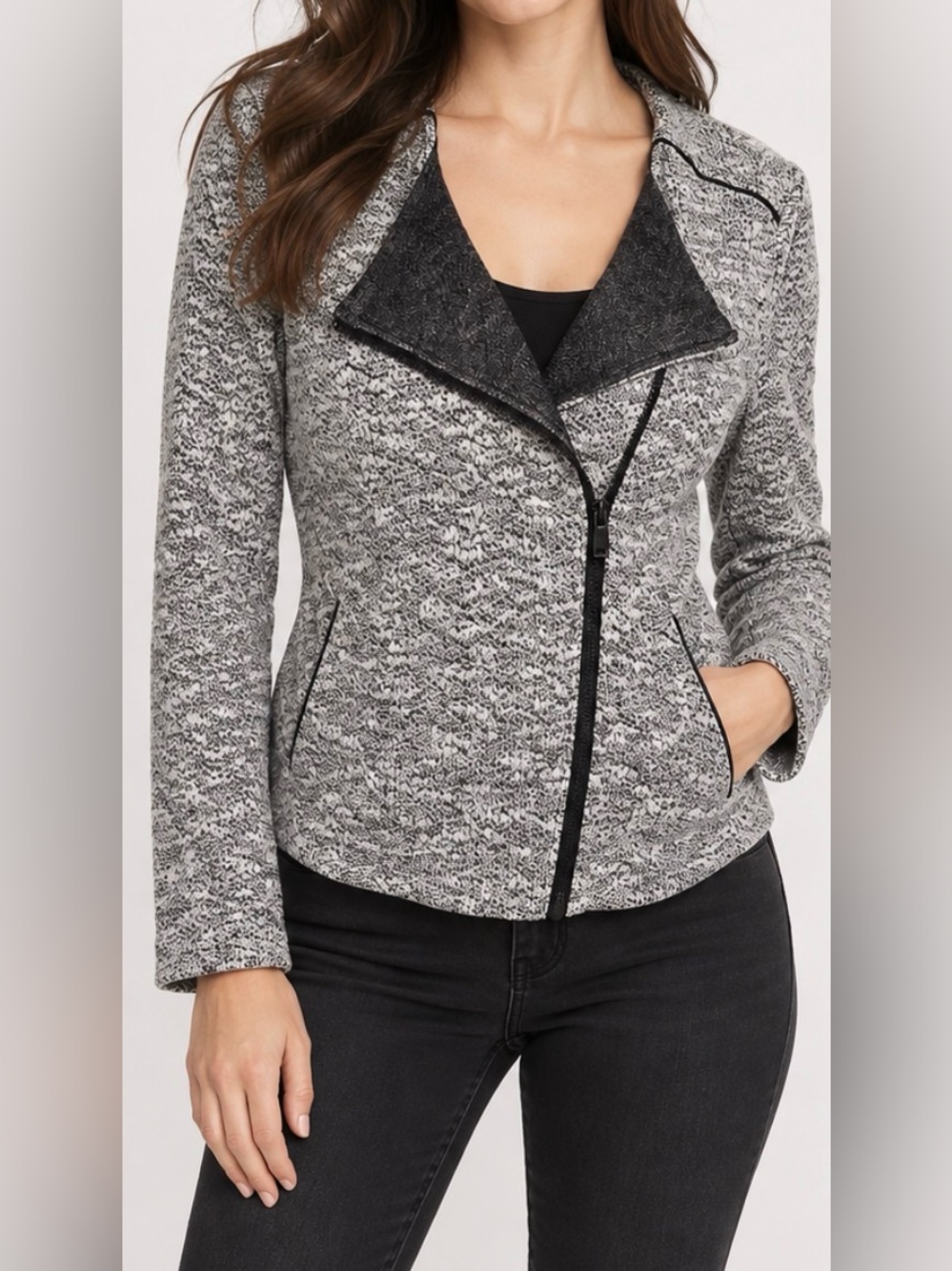 Banana Republic Marled Knit Moto Jacket Size 6 Black White Zip Front